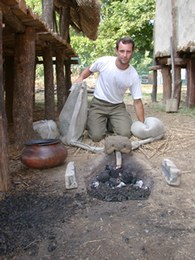 The smelting process entails digging a hole in the ground in which combustible material is placed, possibly oak or beech. Once the fire is alight, the crucible is inserted: a small hemispherical bowl with a spout. This crucible contains enough metal to fashion the desired object.