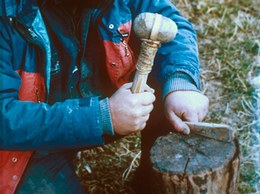 The next phase in the metalworking operation is the most delicate and laborious. In the case of an axe head this involves shaping edges and fashioning the blade, and this is done by alternate hammering after a series of re-heating and cooling phases.